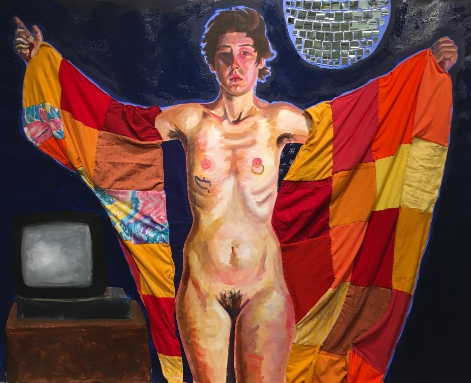 mixed media painting of nude female with red quilt and disco ball
