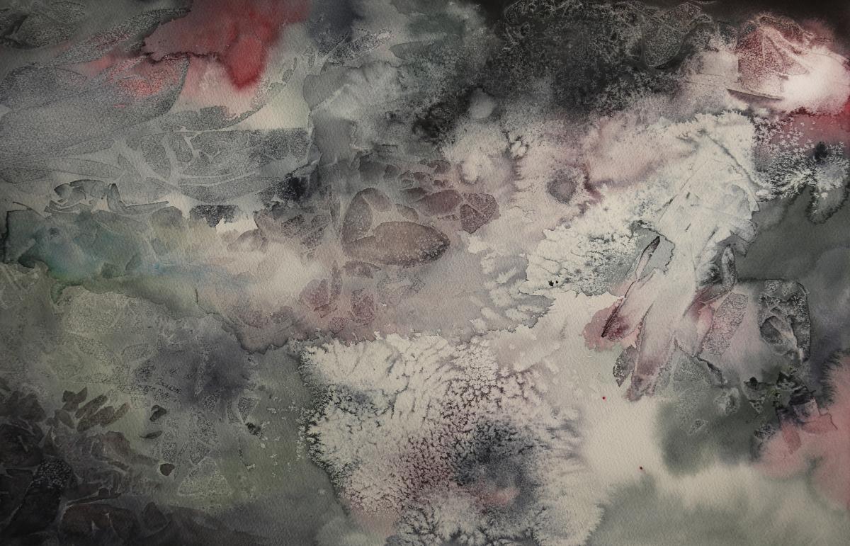 mixed media print with gray and pink tones