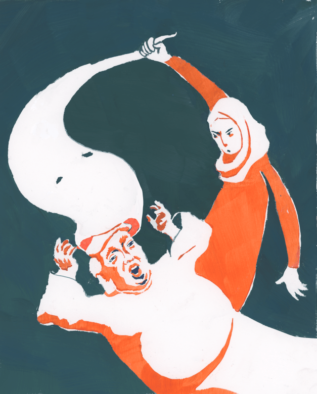 illustration of muslim woman taking off klu klux klan hood on person revealed to be donald trump