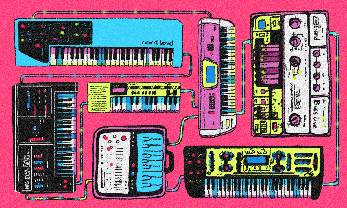 dynamic illustration of keyboards on pink background