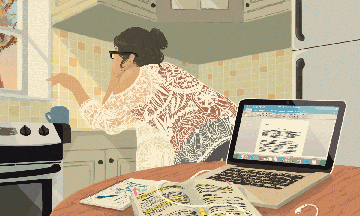 dynamic illustration of woman making tea looking out window