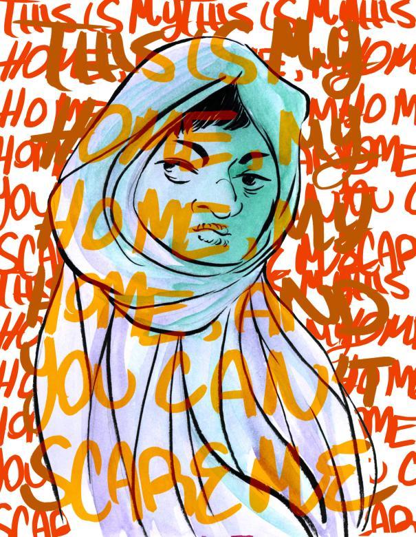 illustration of woman in headscarf surrounded by text