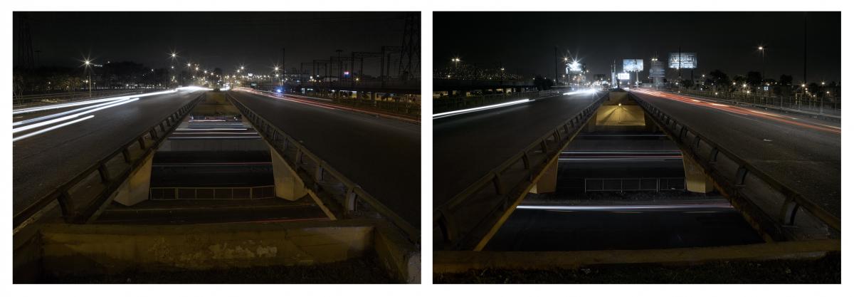 photograph diptych of overpass at night 