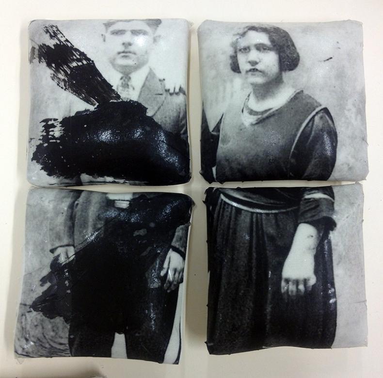 four ceramic pillows with images of old photographs of man and woman printed on them