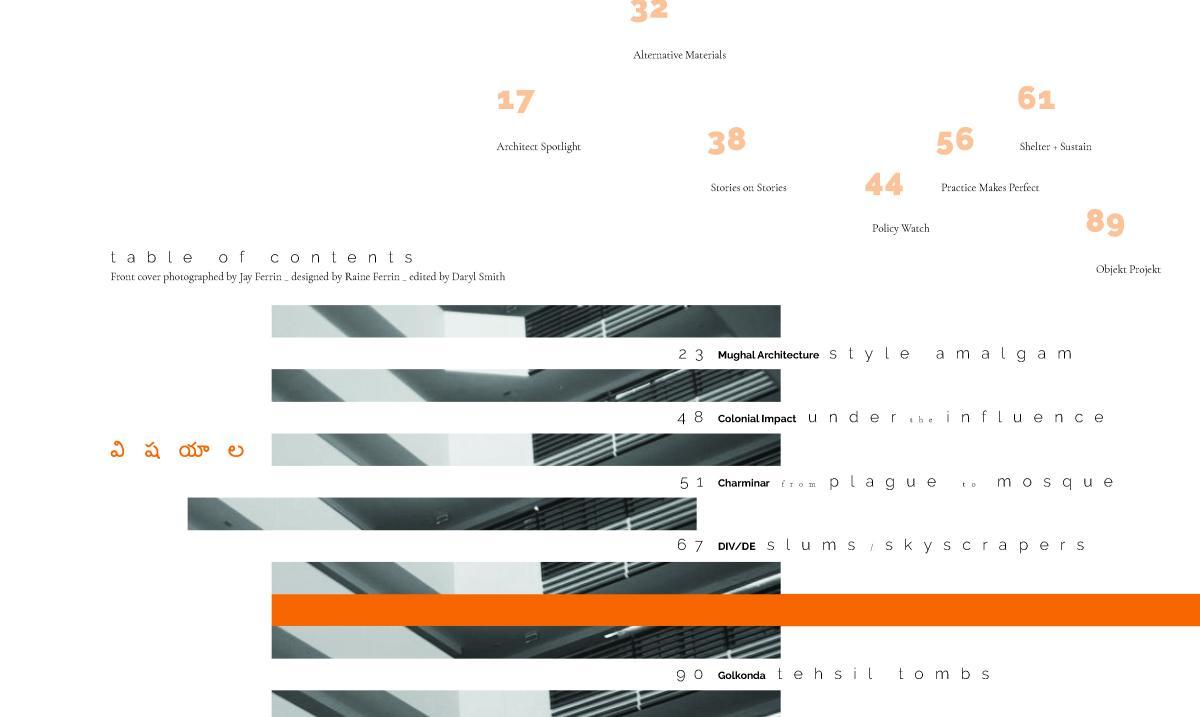 table of contents page spread with orange and black text