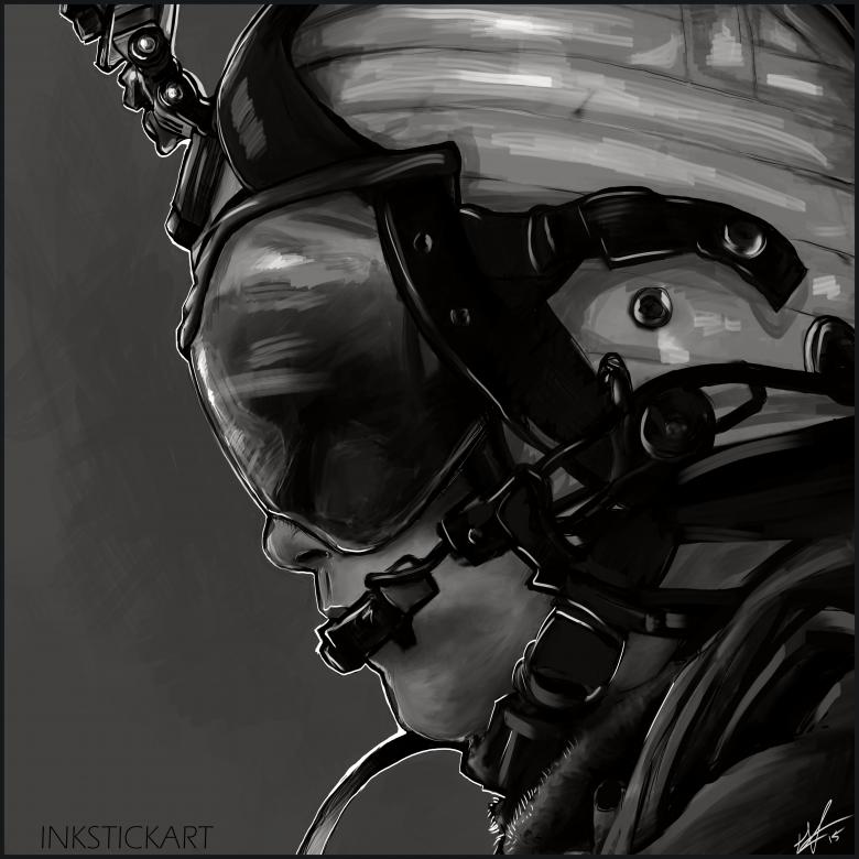 Black and white digital painting of a crew chief while on deployment with the 15th Marine Expeditionary Unit. 
