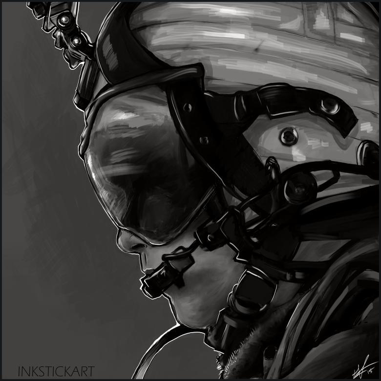 Black and white digital painting of a crew chief while on deployment with the 15th Marine Expeditionary Unit.
