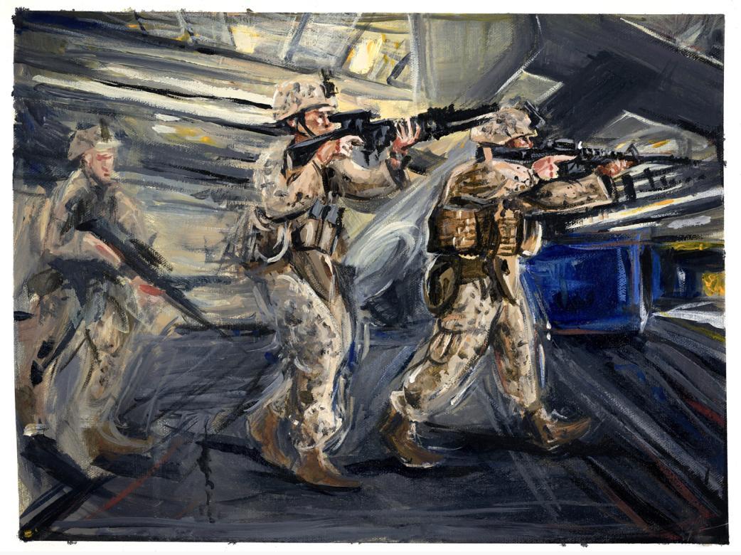 Acrylic painting of men holding guns on the USS Essex.