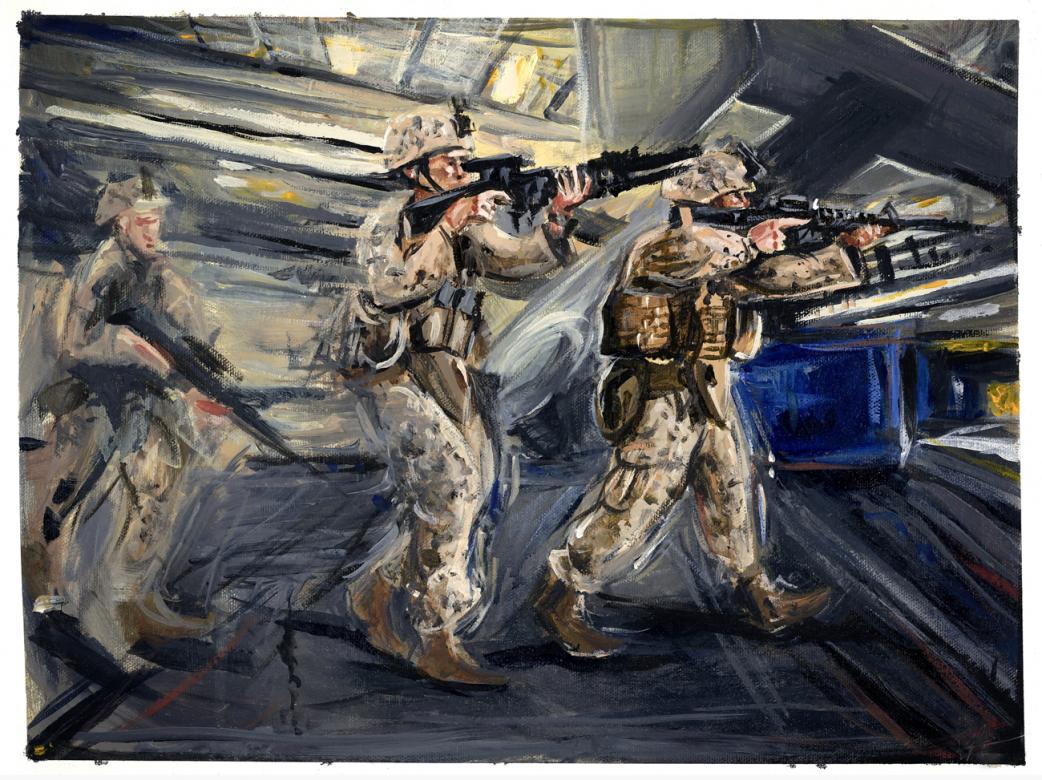 Acrylic painting of men holding guns on the USS Essex.