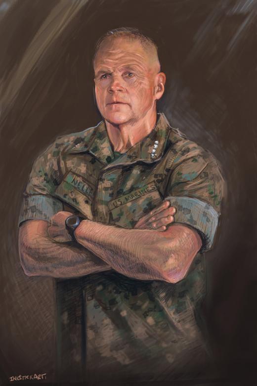 DIgital painting of current Commandant of the Marine Corps General Neller. This is using traditional layering techniques in a digital format. Neller stands proudly with his arms crossed.