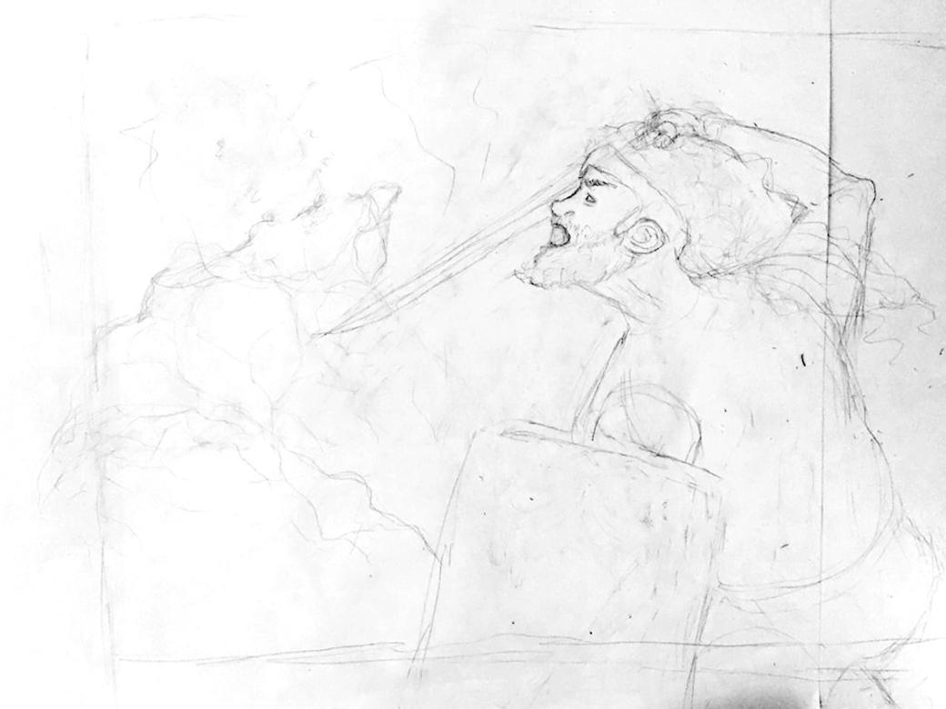 Simple pencil sketch of man fighting monster on white paper