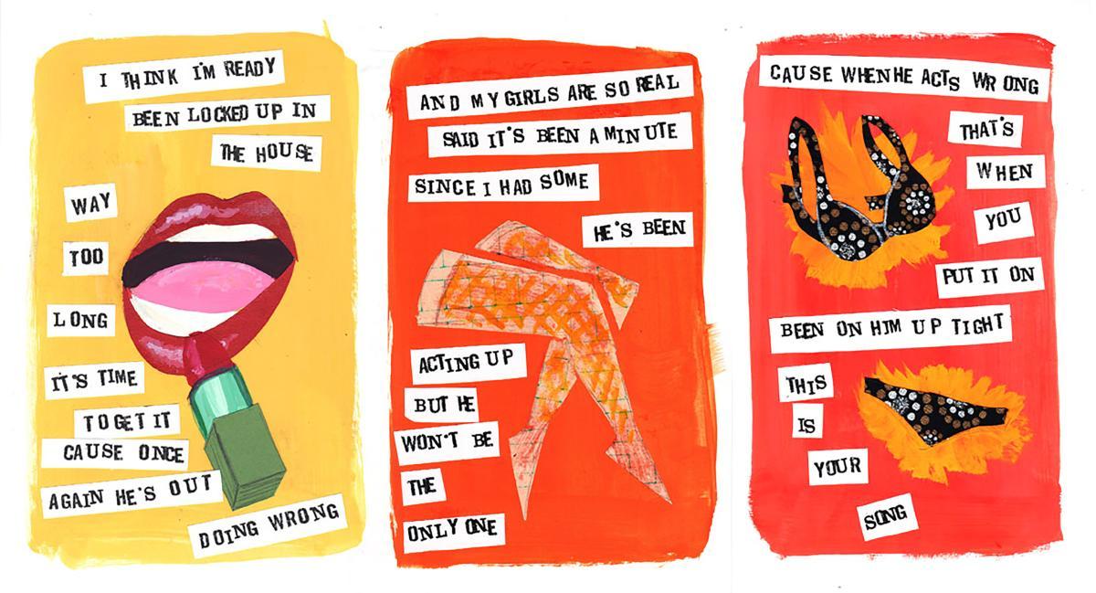 three illustrated panels with collaged text and graphics of mouth, legs and underwear.