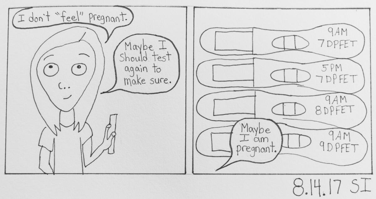 Sketch where Sheila questions if she is really pregnant and images of pregnancy tests taken every few hours.