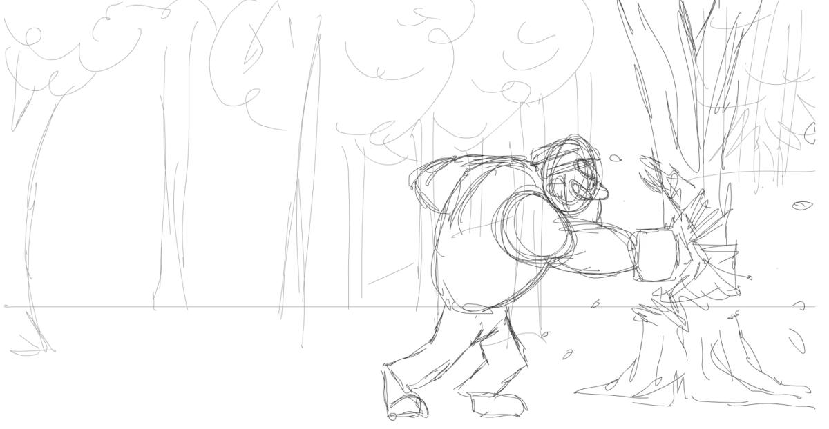 animation of man trying to chop down a tree