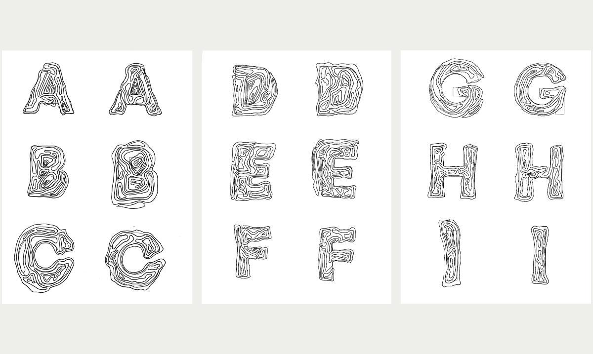 black and white illustration of letter forms 