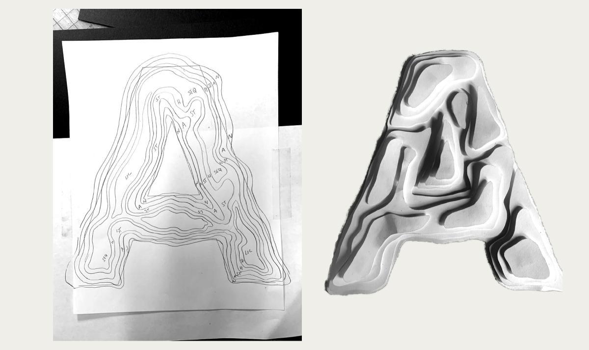 layered white wood block of the letter A next to a pencil sketch of the letter