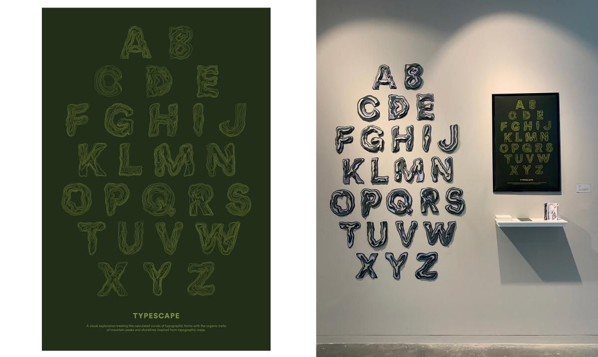 uppercase letters on the wall next to a green poster and small white shelf