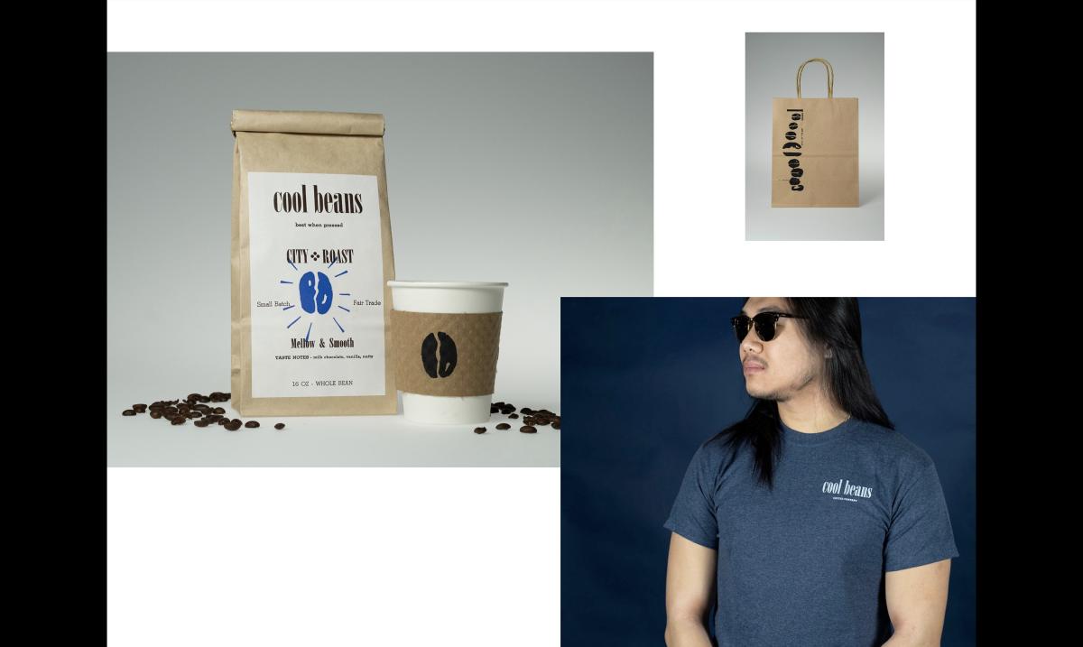 collage of pictures with bag of coffee beans, man wearing navy blue cool beans shirt, and brown grocery bag with cool beans printed on it.