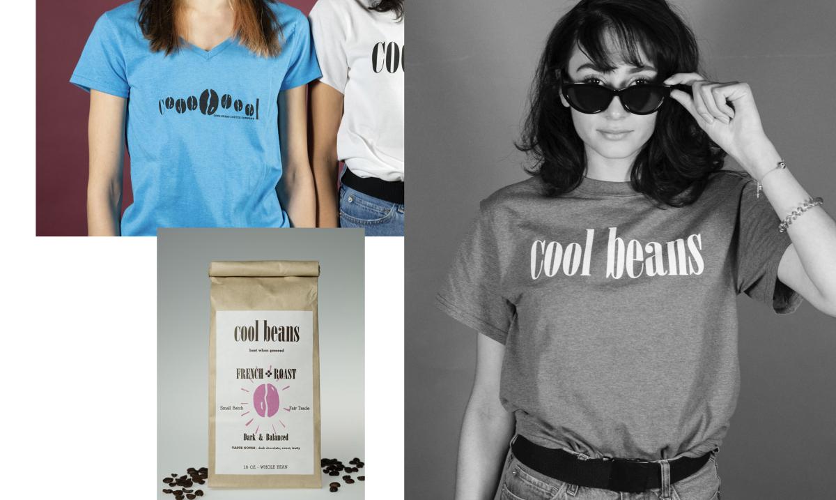 collage of pictures with bag of coffee beans and people wearing blue cool beans shirts