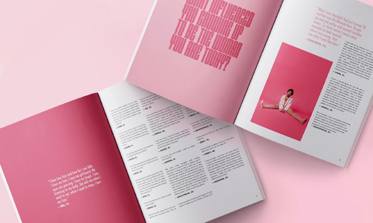 image of two magazine spreads both with pink color blocks