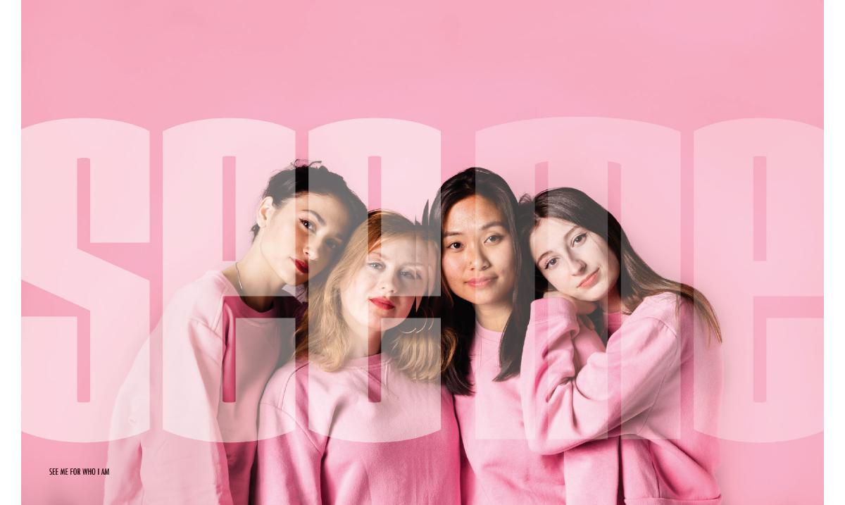 image with four female presenting people in front of pink background and transparent text overlaid on them