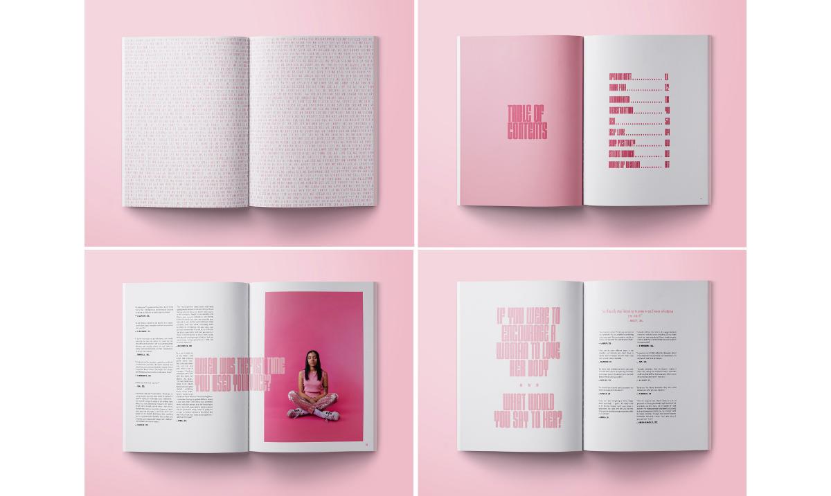 image of four magazine spreads on top of pink background