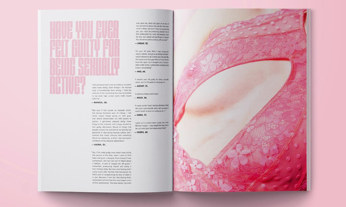magazine spread with pink and black text and image of female chest in pink lace top