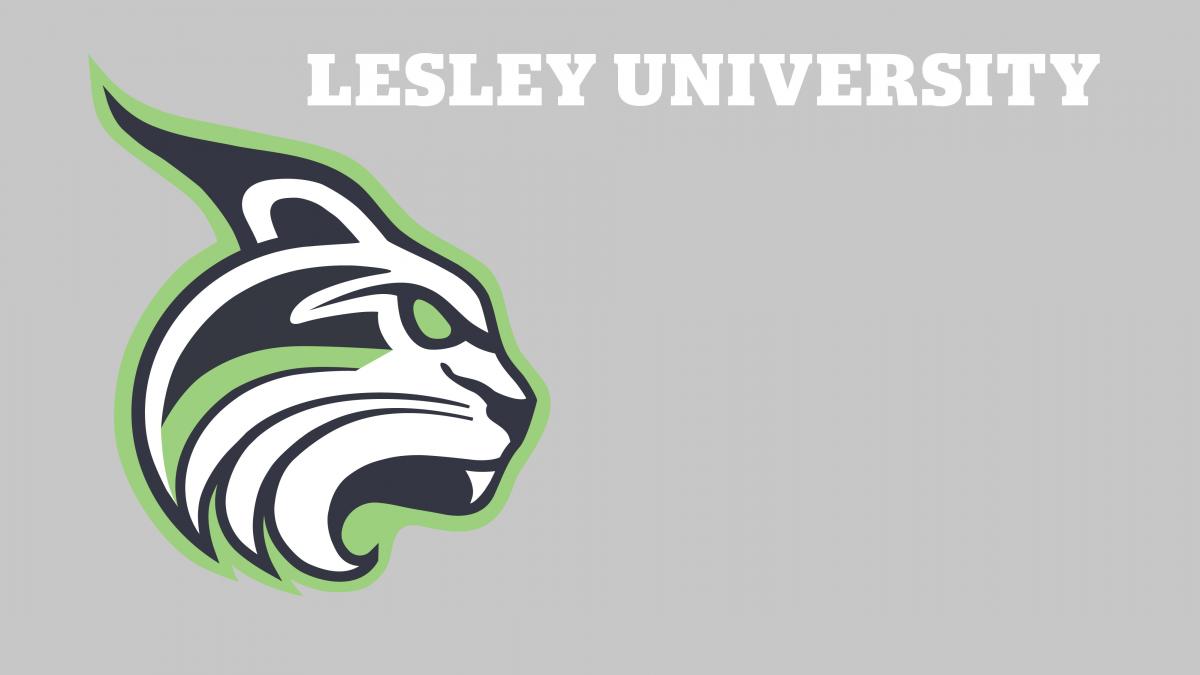 The words "Lesley University" in white above the Lesley Lynx logo on a gray background.