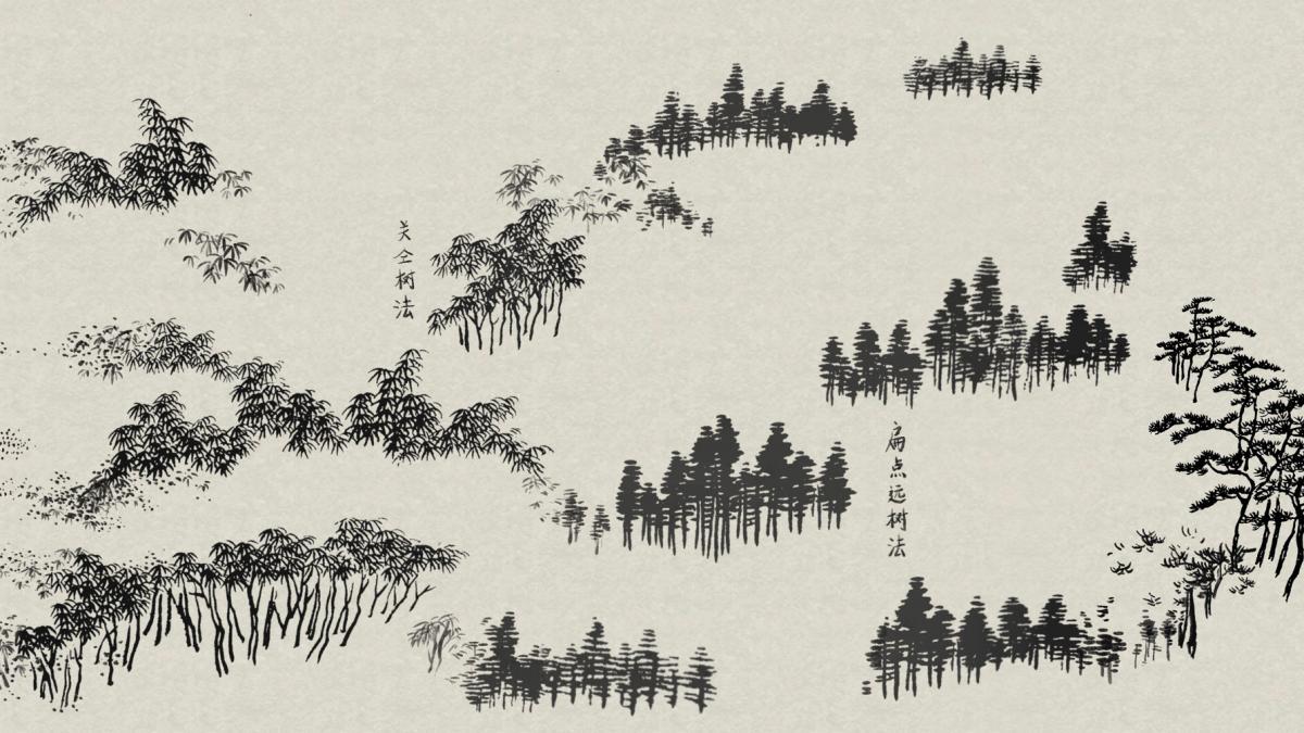  Digital artwork done in a traditional Chinese reflection style, black ink like marks form the appearance of scattered trees on a neutral back ground. The trees transition from bamboo like appearance, to tightly packed evergreens, to tree with spread-out branches and brush. 