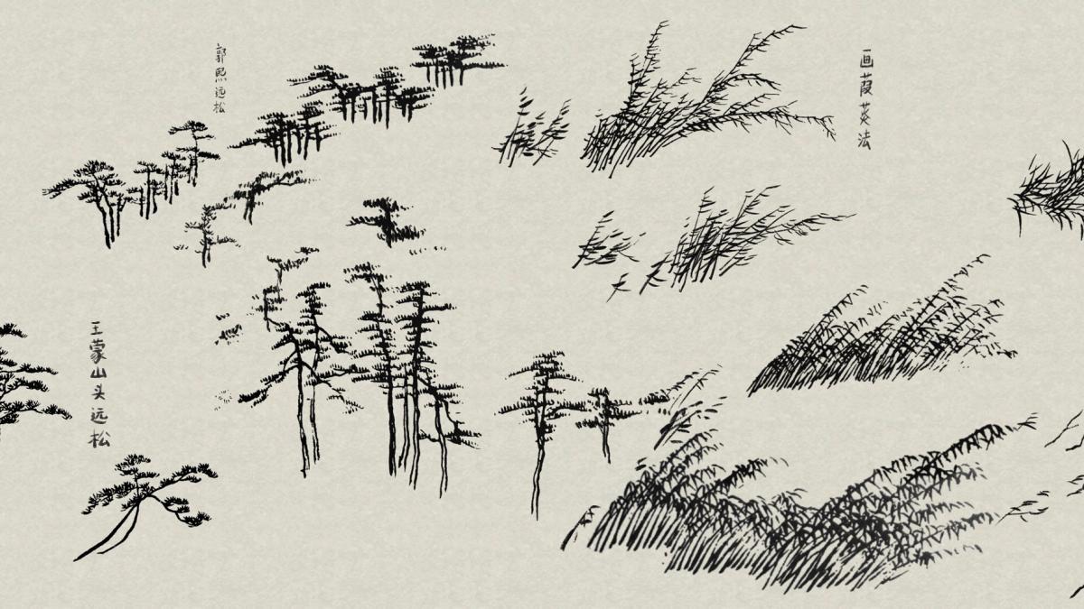 Digital artwork done in a traditional Chinese reflection style, black ink like marks form the continuation of trees on a neutral back ground. Trees with many branches continue transitioning into bamboo that appears to be blowing or leaning to the right in the wind. 