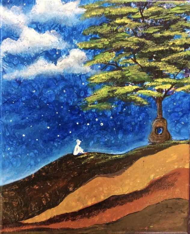 Painting of a white silhouette sitting on a dirt hill underneath a tree with a guitar-shaped trunk.