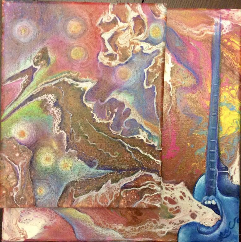Abstract painting of pink, green, blue, yellow, and purple swirls. In the painting's corner sits a blue guitar with a mouth. White froth spills out of its mouth.