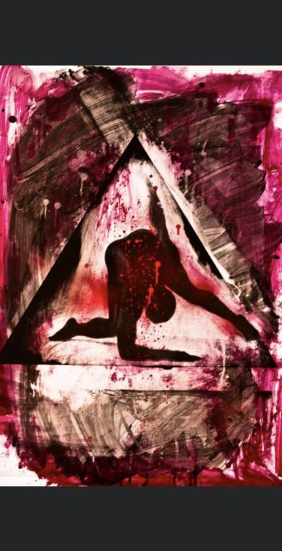 A black man who is drawn in a triangle doing a yoga-type pose. There are splatters of red paint in the background outside of the triangle.