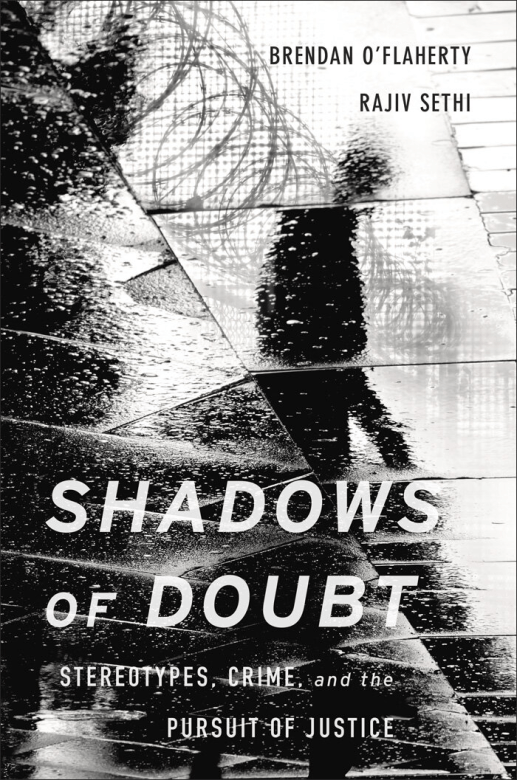 Chrissy Kurpeski's book cover design for Shadows of Doubt: Stereotypes, Crime, and the Pursuit of Justice by Brendan O'Flaherty and Rajiv Sethi. The cover is black and white and looks like fractured glass covered in condensation. Behind the glass there is a shadowy figure walking to the right, away from a barbed wire fence.