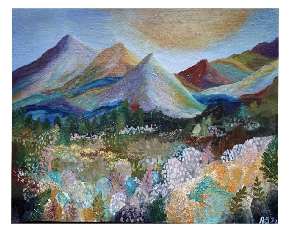 Colorful painting of mountains and a field