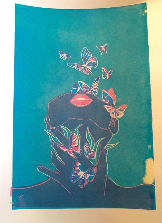 colorful graphic of female's head and butterflies