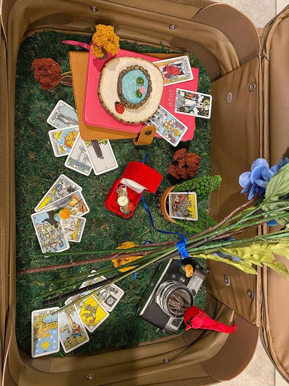 Open suitcase that contains flowers, notebooks, a watch, a camera, tarot cards, and other trinkets