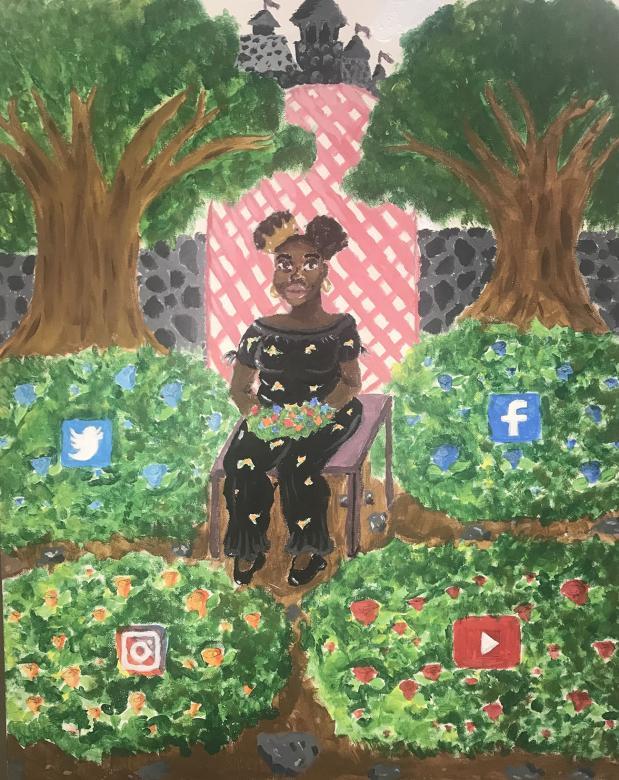 Painting of student La'Porsha Hickson sitting in a garden of rose bushes that contain icons for YouTube, Facebook, Instagram and Twitter