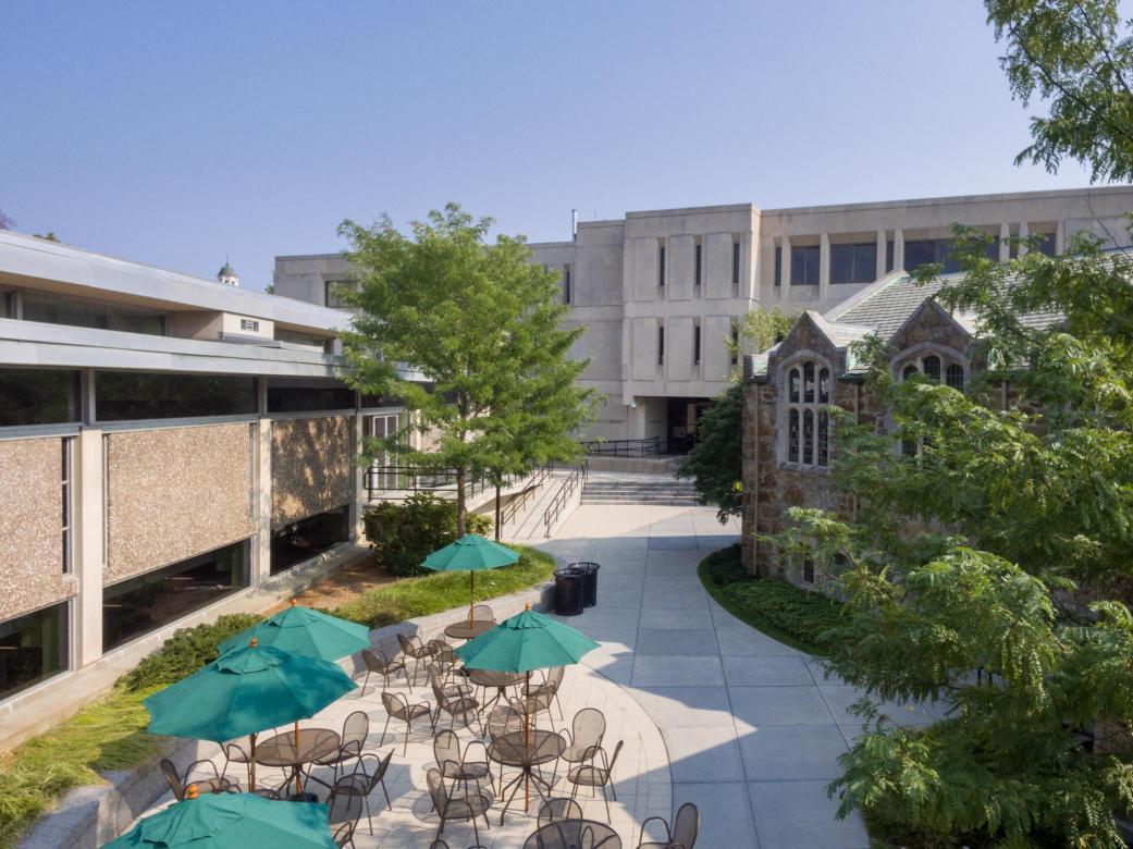 Looking down at Washburn Auditorium and Sherrill Library.