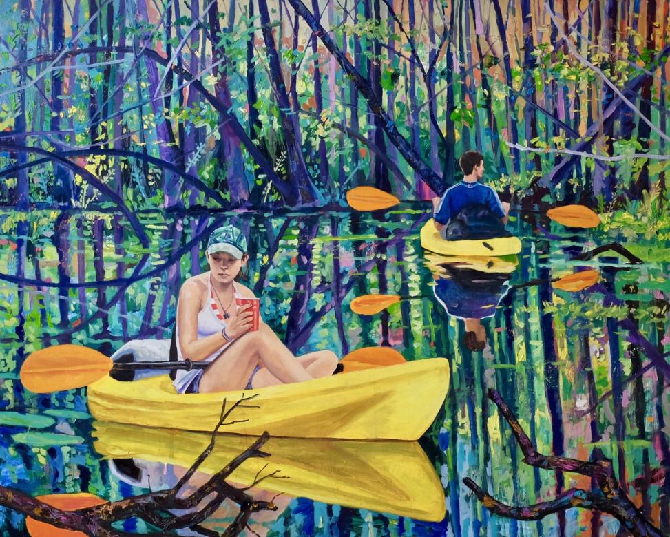 A bright purple, orange, yellow, and green painting of two people kayaking in a body of water surrounded by trees and greenery. The woman in the foreground sits in her yellow kayak holding a red plastic cup.