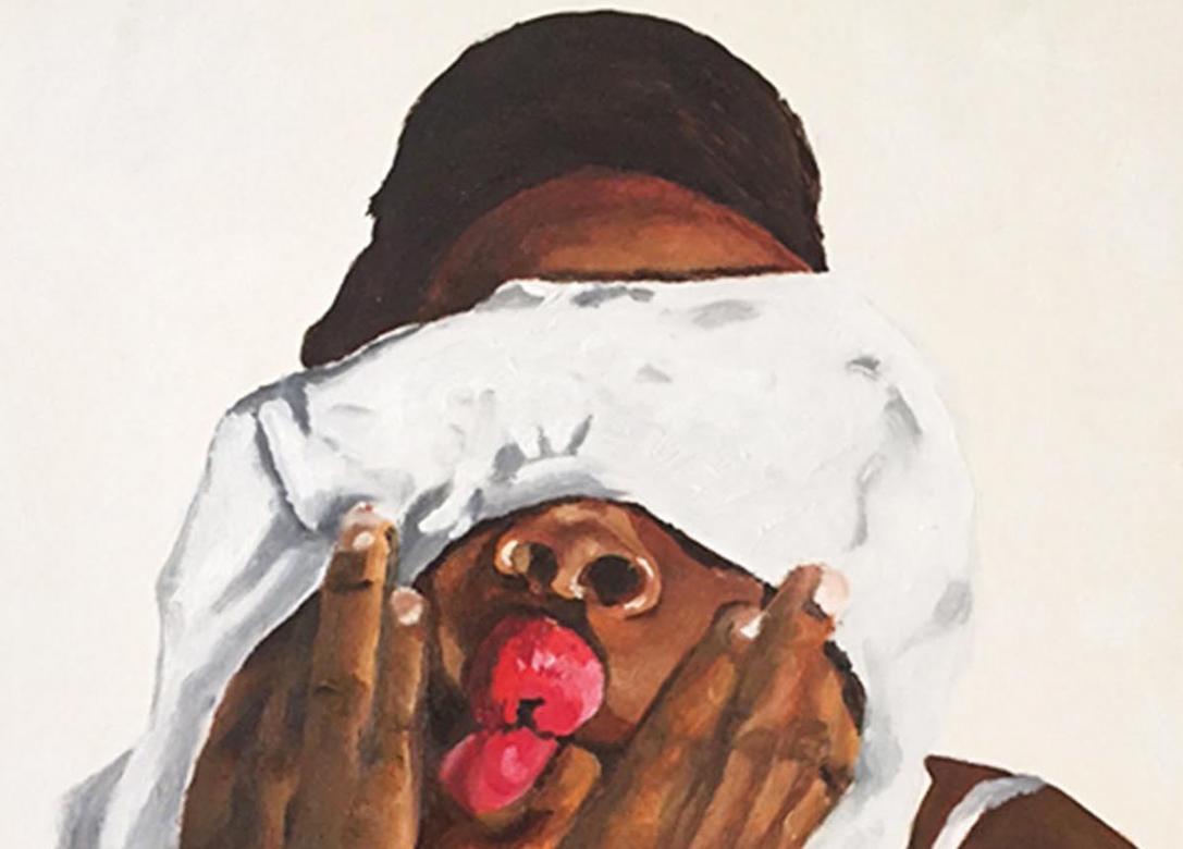 An illustration of a black person puckering their lips and holding a white cloth over their eyes.