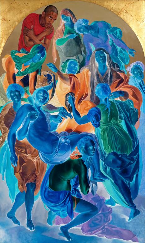 A tangle of neon classical figues in various poses. One black man in the top left corner bends down above the figures with his arms crossed over his chest. 