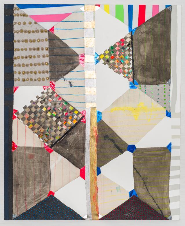 Abstract collage of bright geometric prints and white paper. 