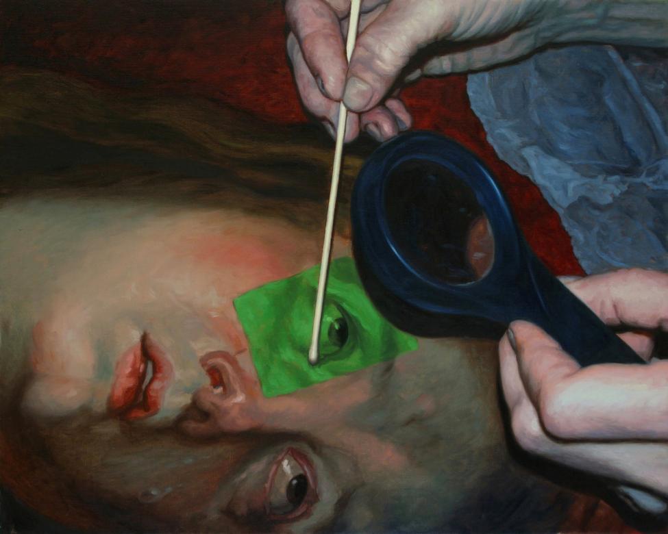 Illustration of a person laying down, crying, and looking up at hands that are holding a swab and a magnifying glass. The person laying down has a transparent green square over their eye.