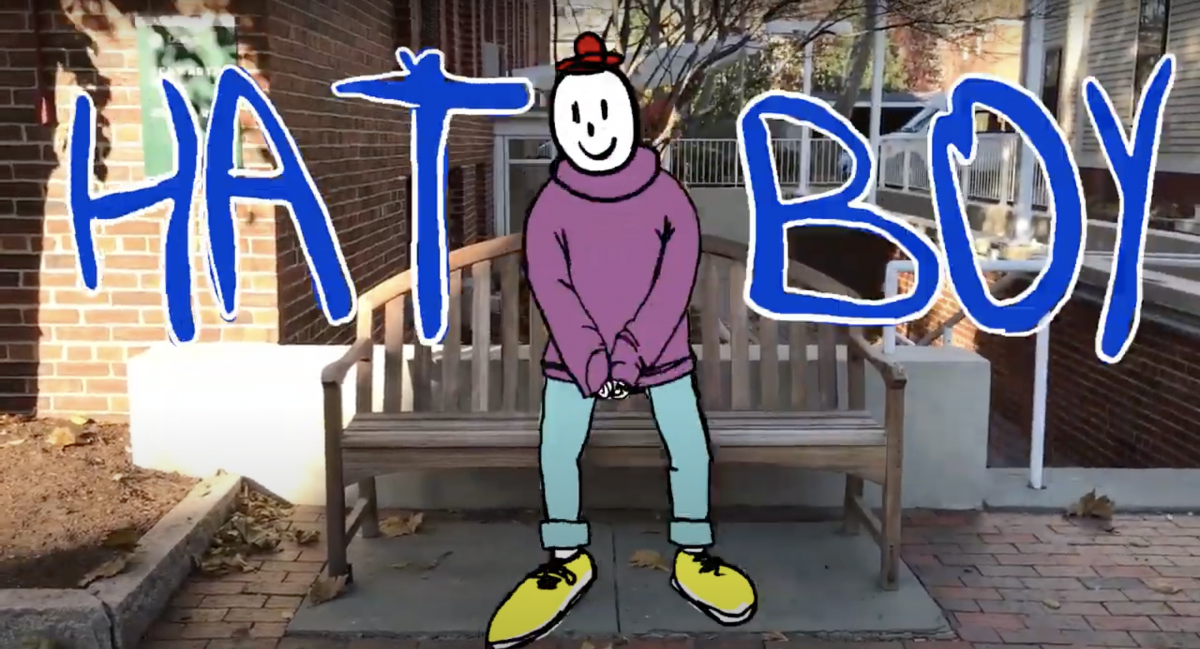 "Hat Boy." A cartoon character with a smiley face stands in a real life setting. 