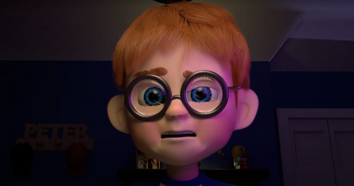 A young boy with orange hair and glasses looking confused.
