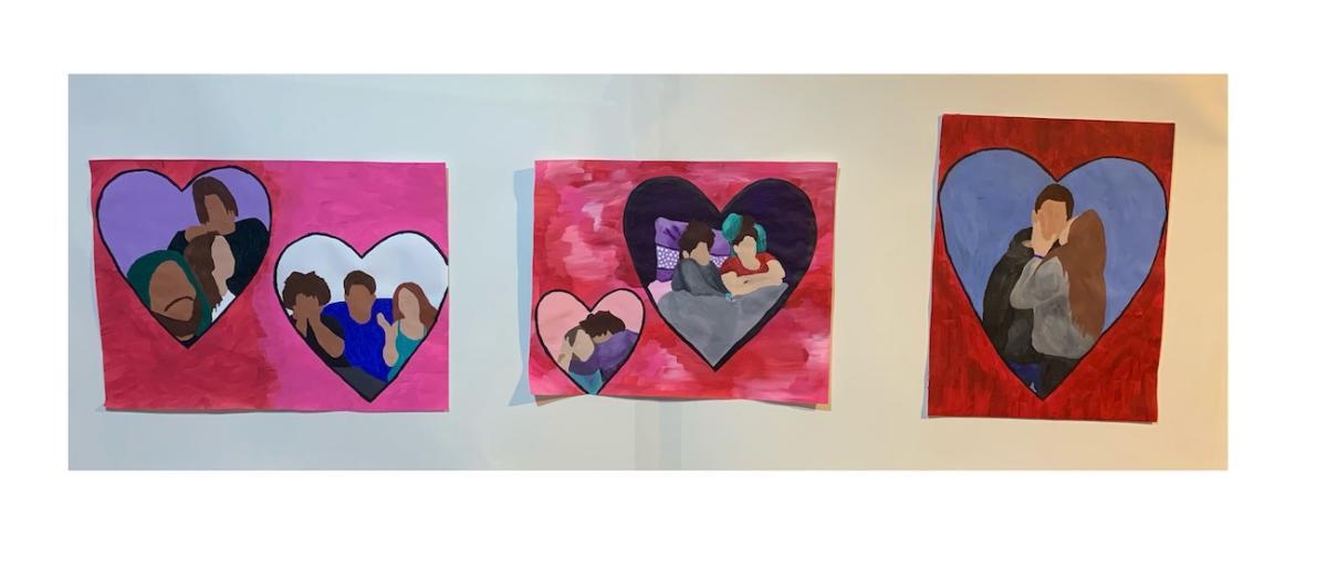 three paintings of people with no faces inside of hearts