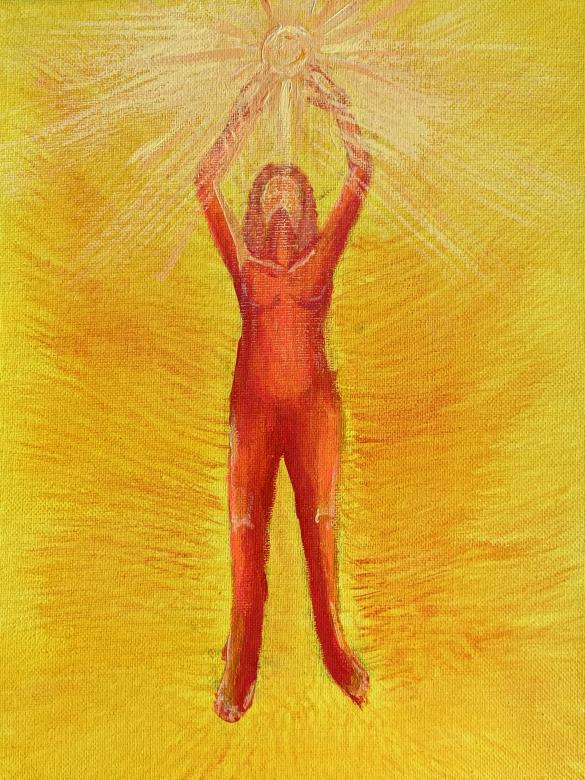 Yellow and gold painted background with an orange figure painted in the center reaching up holding a light yellow painted sun. 
