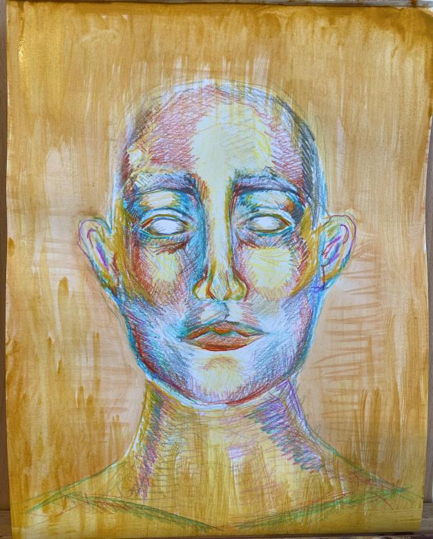 Multicolored sketched style portrait of a figure from the neck up. The figure has blank eyes without pupils and no hair. Blue, yellow, and red pencil lines create the figure. The background is washed over with golden brown paint. 