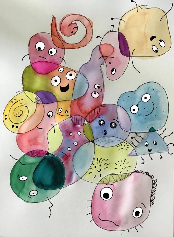 Multicolored watercolor circles and blobs with a variety of different black and white digitally added facial expressions on a white background. 